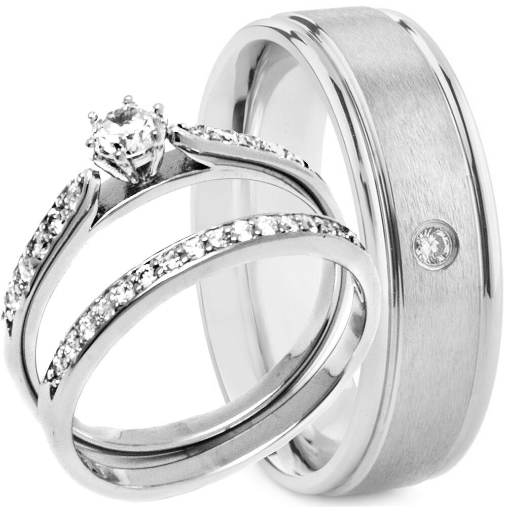 Cz Wedding Ring Sets
 3 pcs Mens TITANIUM CZ Band & Womens SILVER Matching