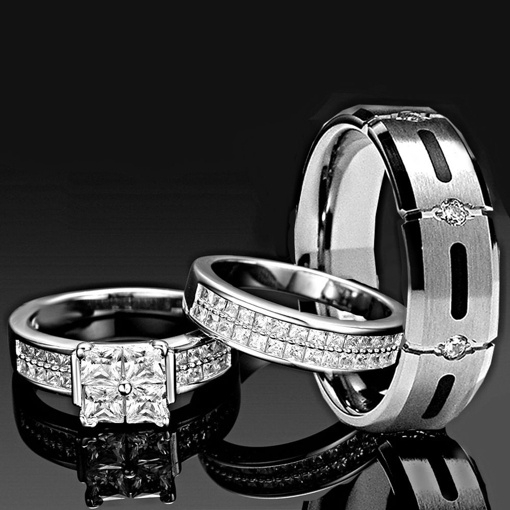 Cz Wedding Ring Sets
 His and Hers Wedding Rings 3 pcs ENGAGEMENT CZ 925