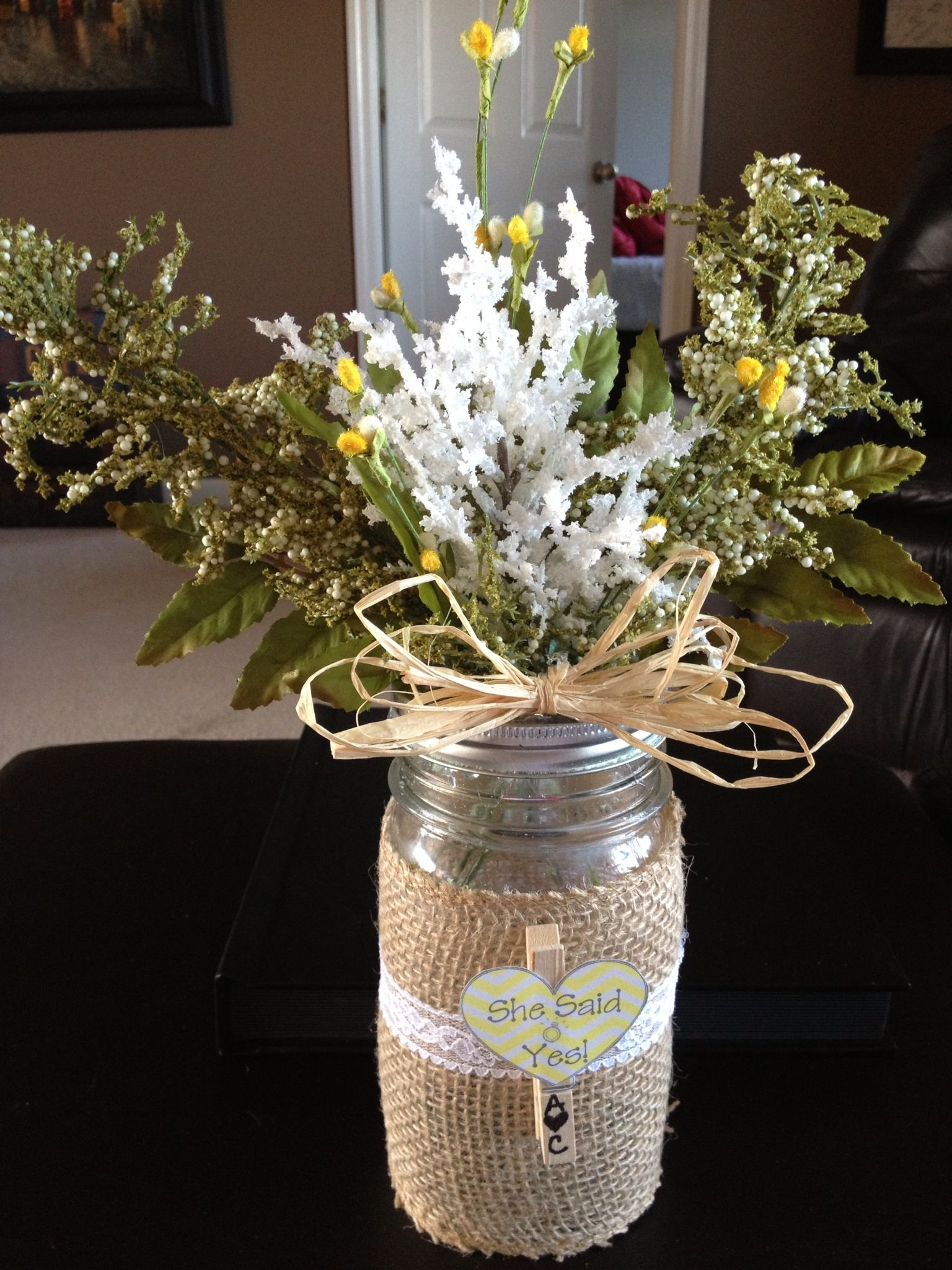 Decor Ideas For Engagement Party
 Burlap Mason Jar Engagement Party Decor KeslerKreations