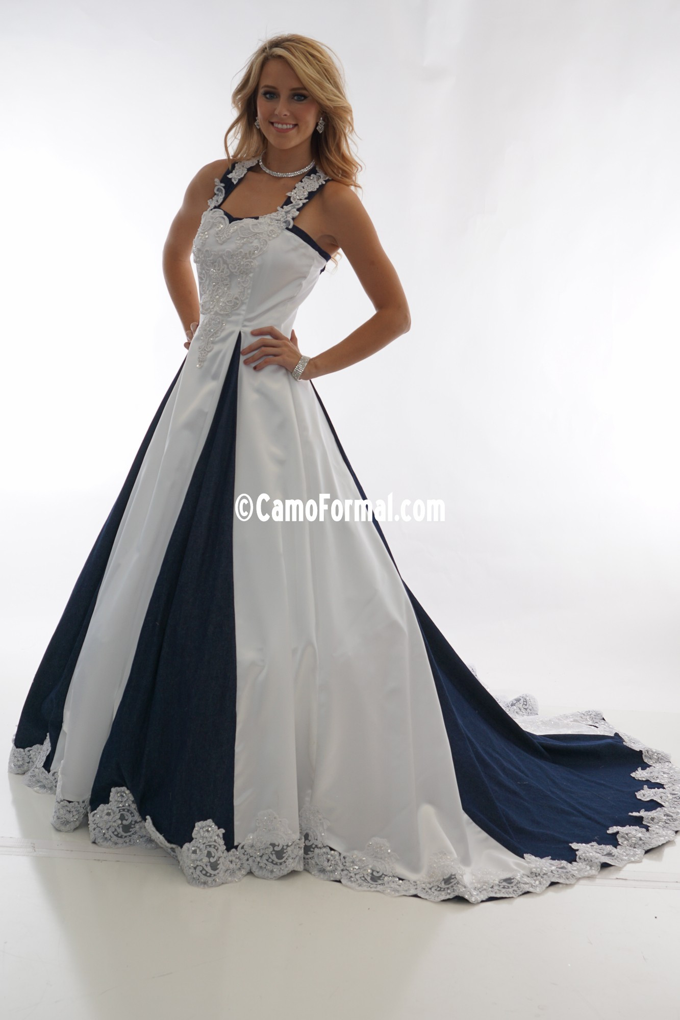 Denim Wedding Dress
 8890 White Satin & Denim Full Lace Insert Camouflage Prom