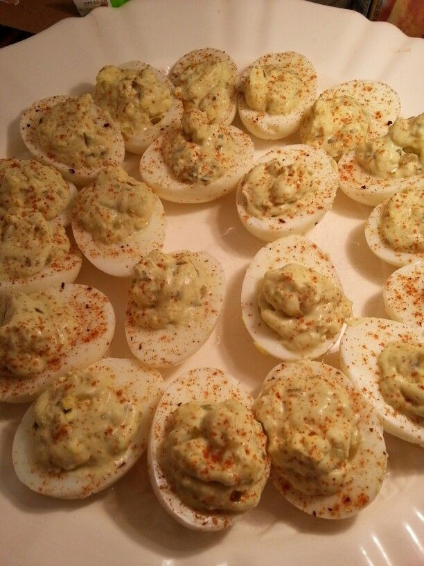 Deviled Eggs With Dill Relish
 Deviled Eggs Hint of mayo mustard dill relish and