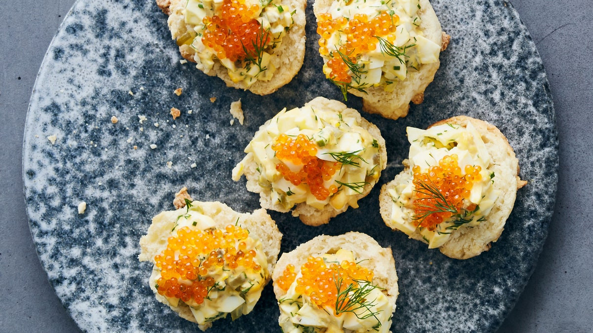 Deviled Eggs With Dill Relish
 Deviled Eggs on Biscuits with Trout Roe and Dill Recipe
