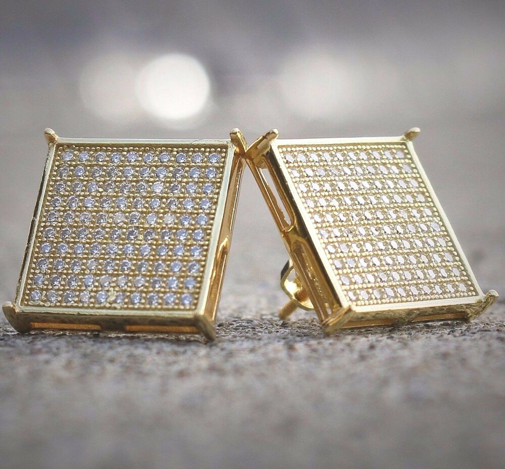 Diamond Earrings Men
 Mens 14k White Gold Finish Real Silver Square Lab Diamond
