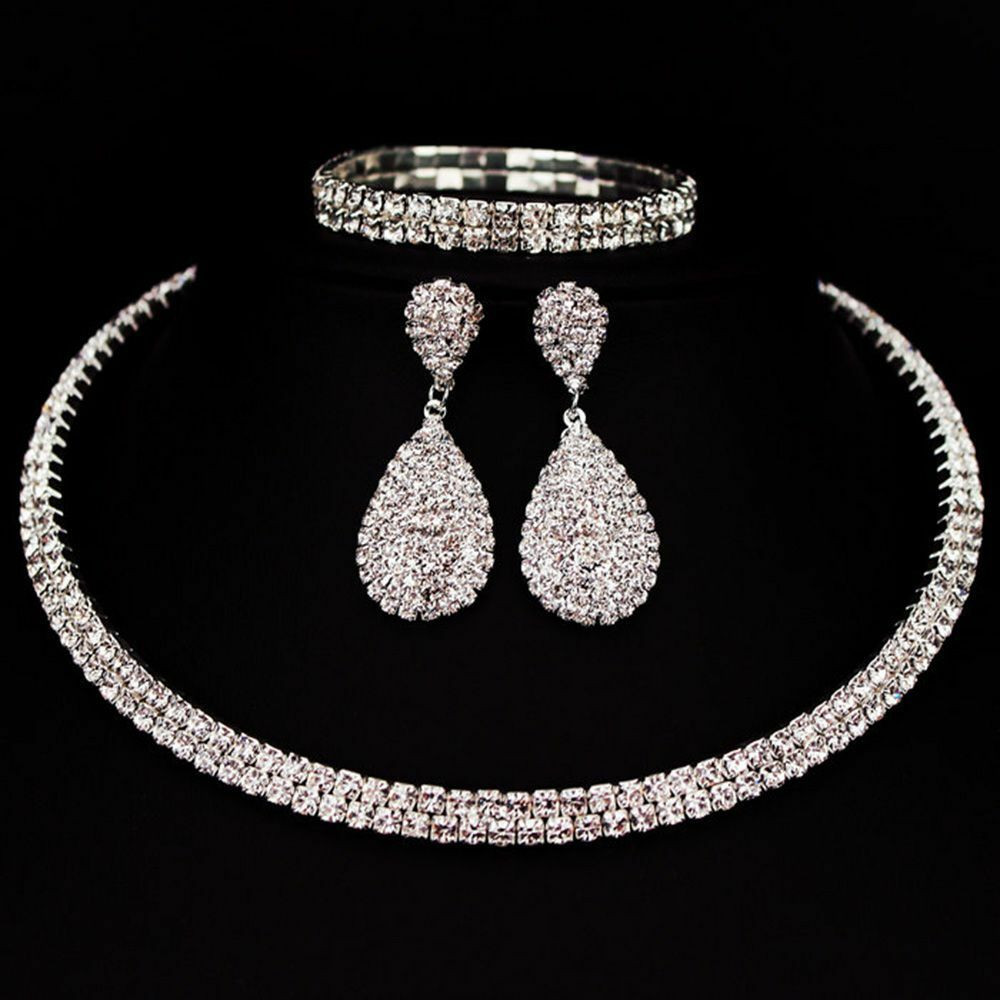 Diamond Necklace Sets
 Crystal Diamond Choker Necklace Earrings and Bracelet