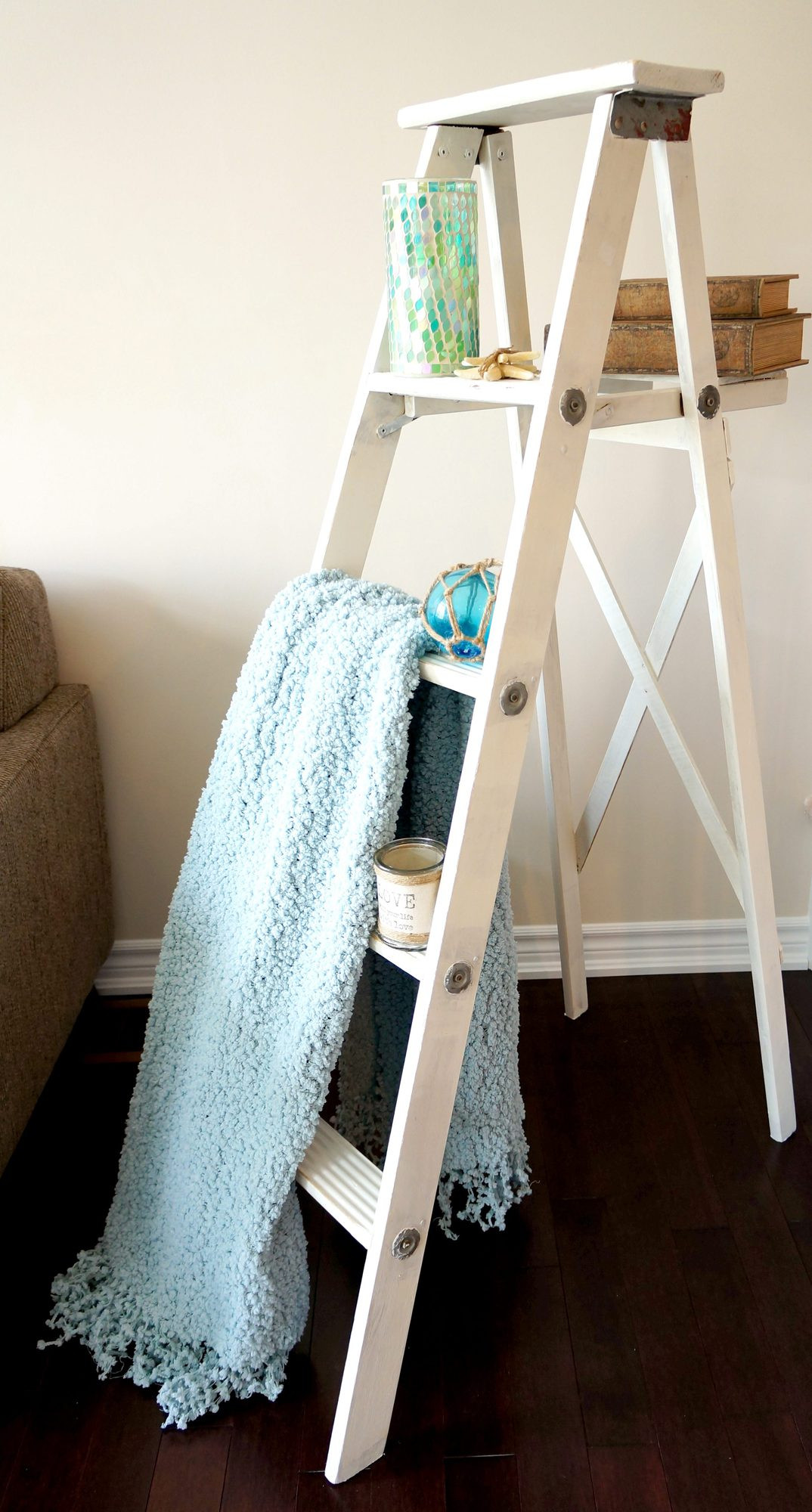 DIY Decorative Ladder
 Haute & Healthy Living DIY Distressed Ladder Shelf