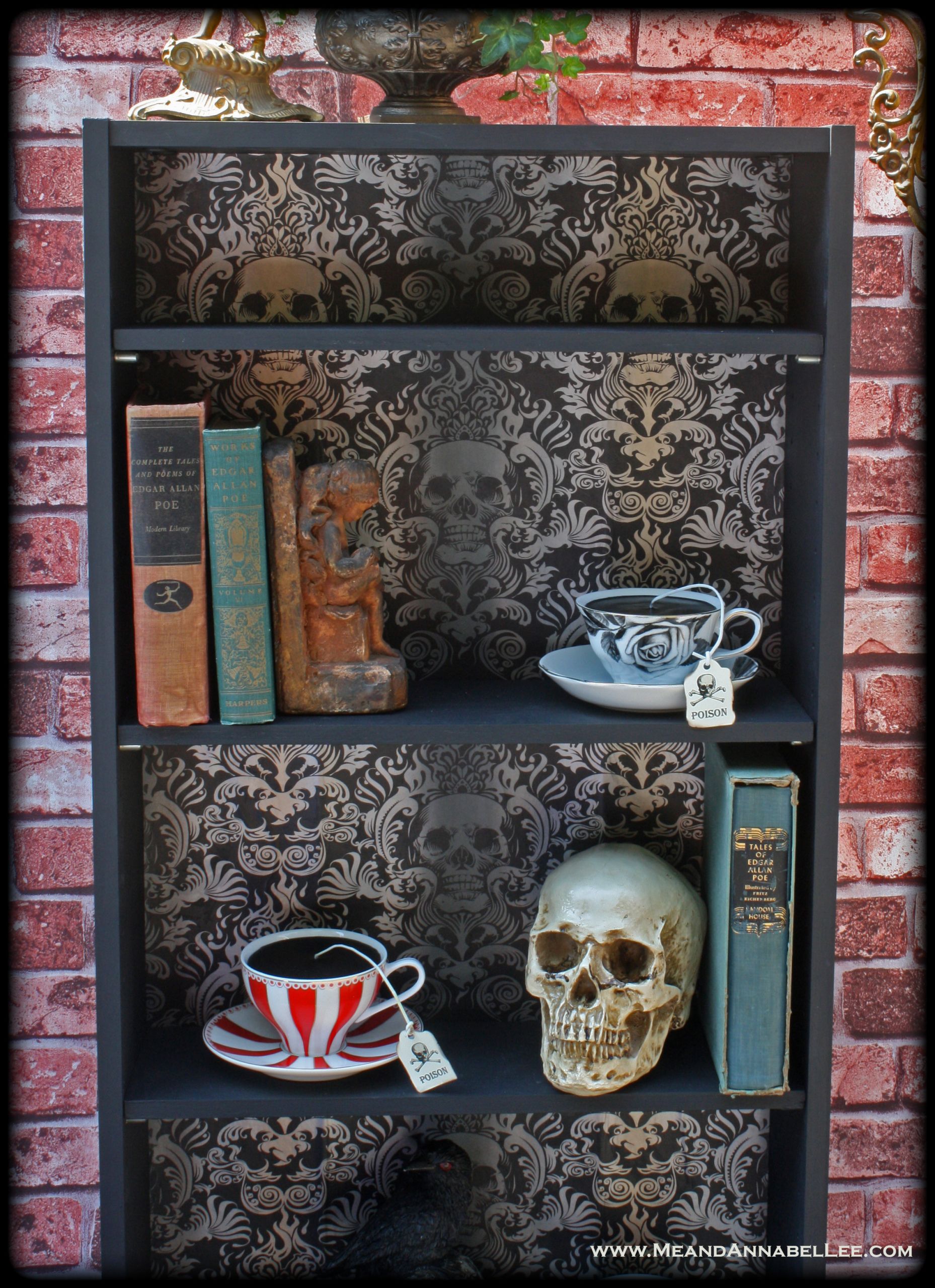 DIY Goth Home Decor
 DIY Gothic Skull Bookcase Wallpaper Crafts