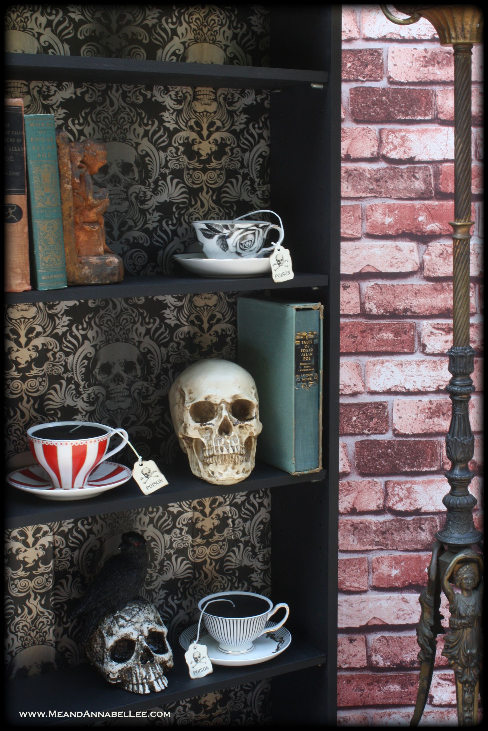 DIY Goth Home Decor
 DIY Gothic Skull Bookcase Wallpaper Crafts