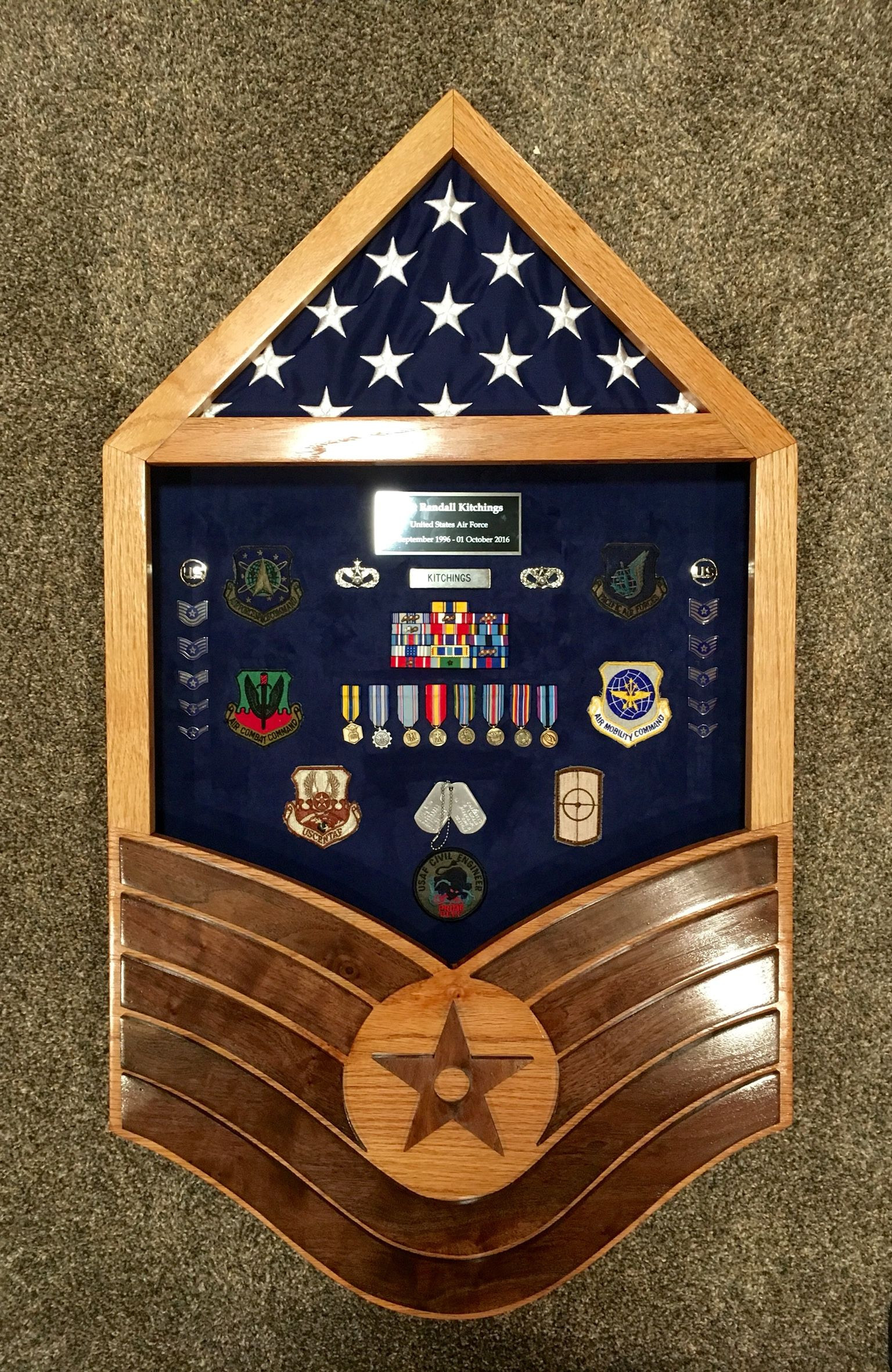 DIY Military Shadow Box
 Custom solid oak and walnut Air Force TSgt Stripe shadow