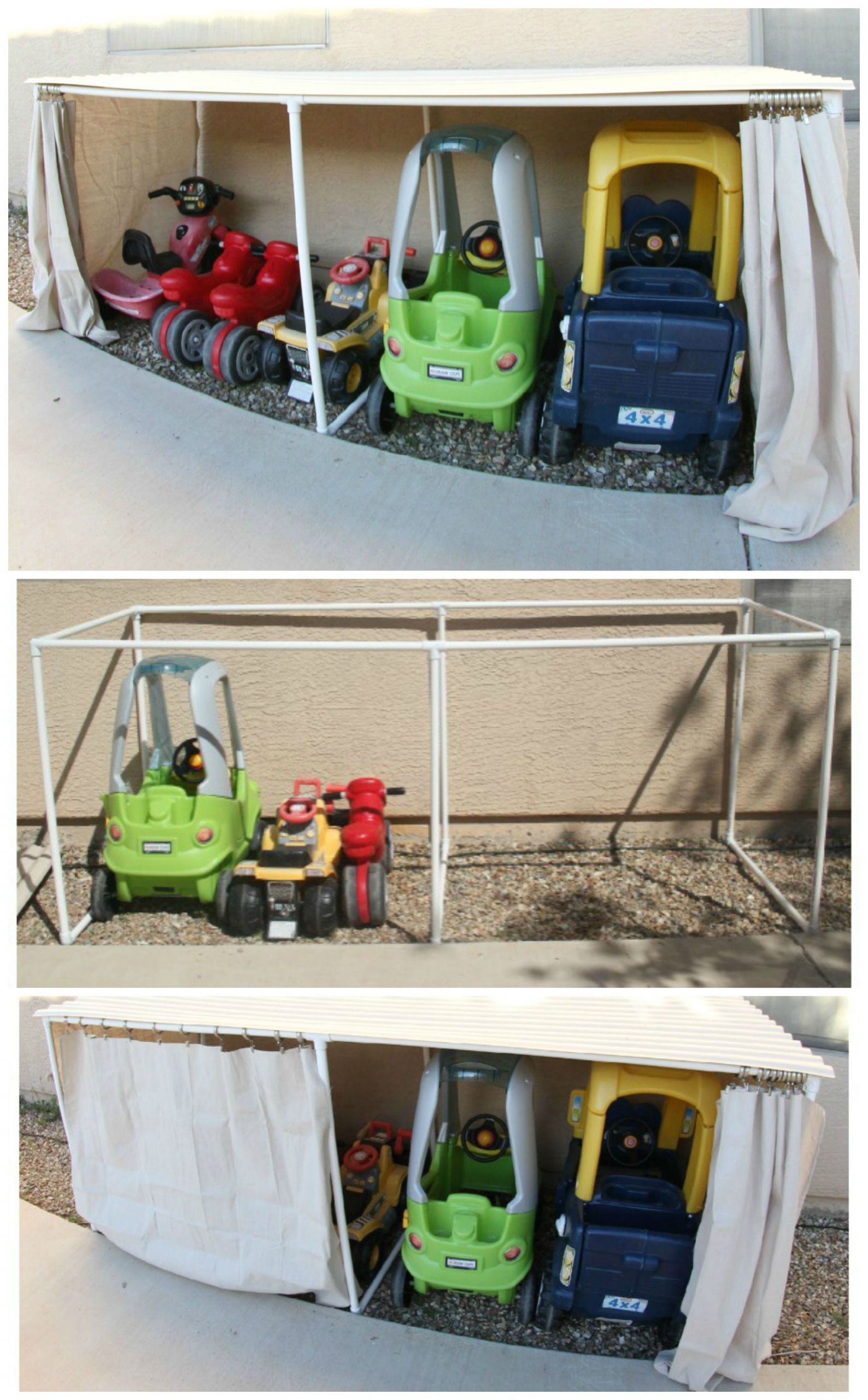 DIY Outdoor Toy Storage
 Needs to be a little taller for big kid bikes DIY Covered