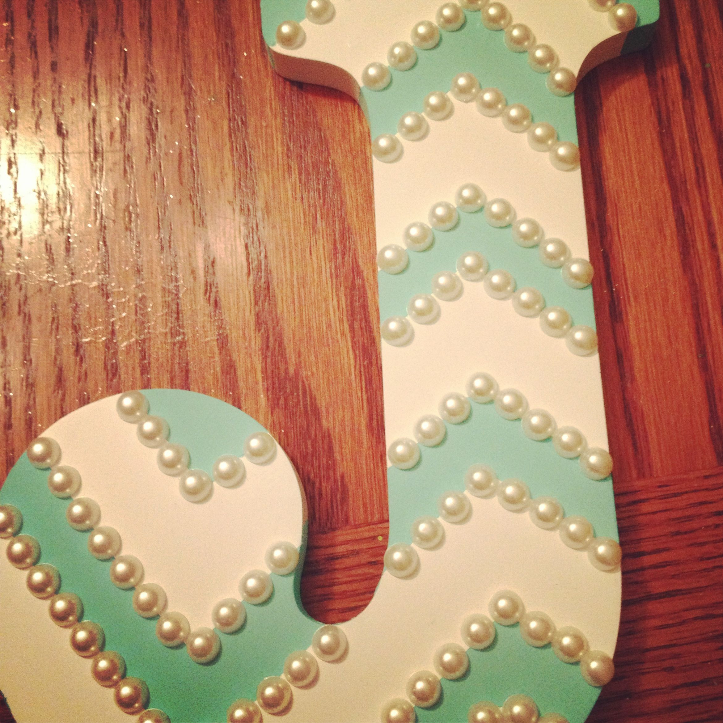 DIY Painted Wooden Letters
 Wooden letter painters tape aqua paint and pearls