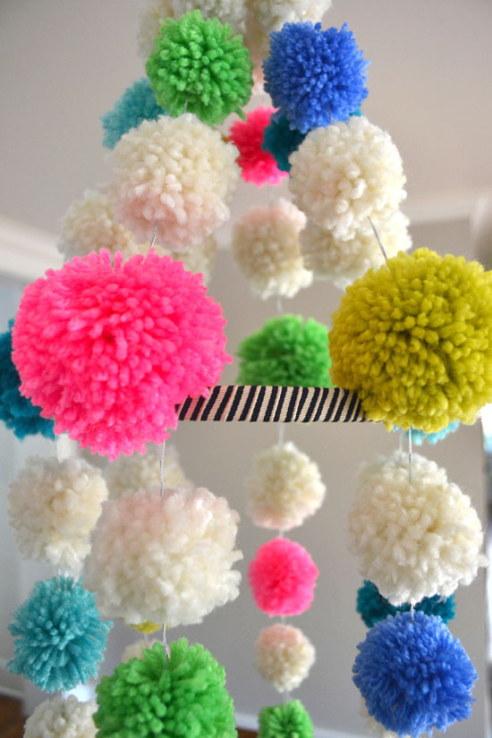 DIY Pom Pom Decorations
 diy pom pom chandelier – neon boho mod craft decor – retro