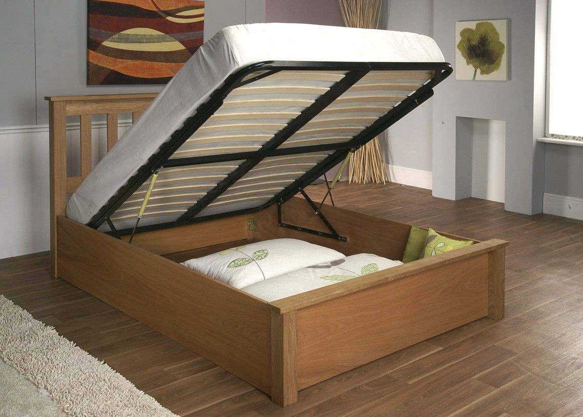 DIY Wooden Bed Frame With Storage
 Beige Wooden DIY Bed Frame With Storage Under Black Lift