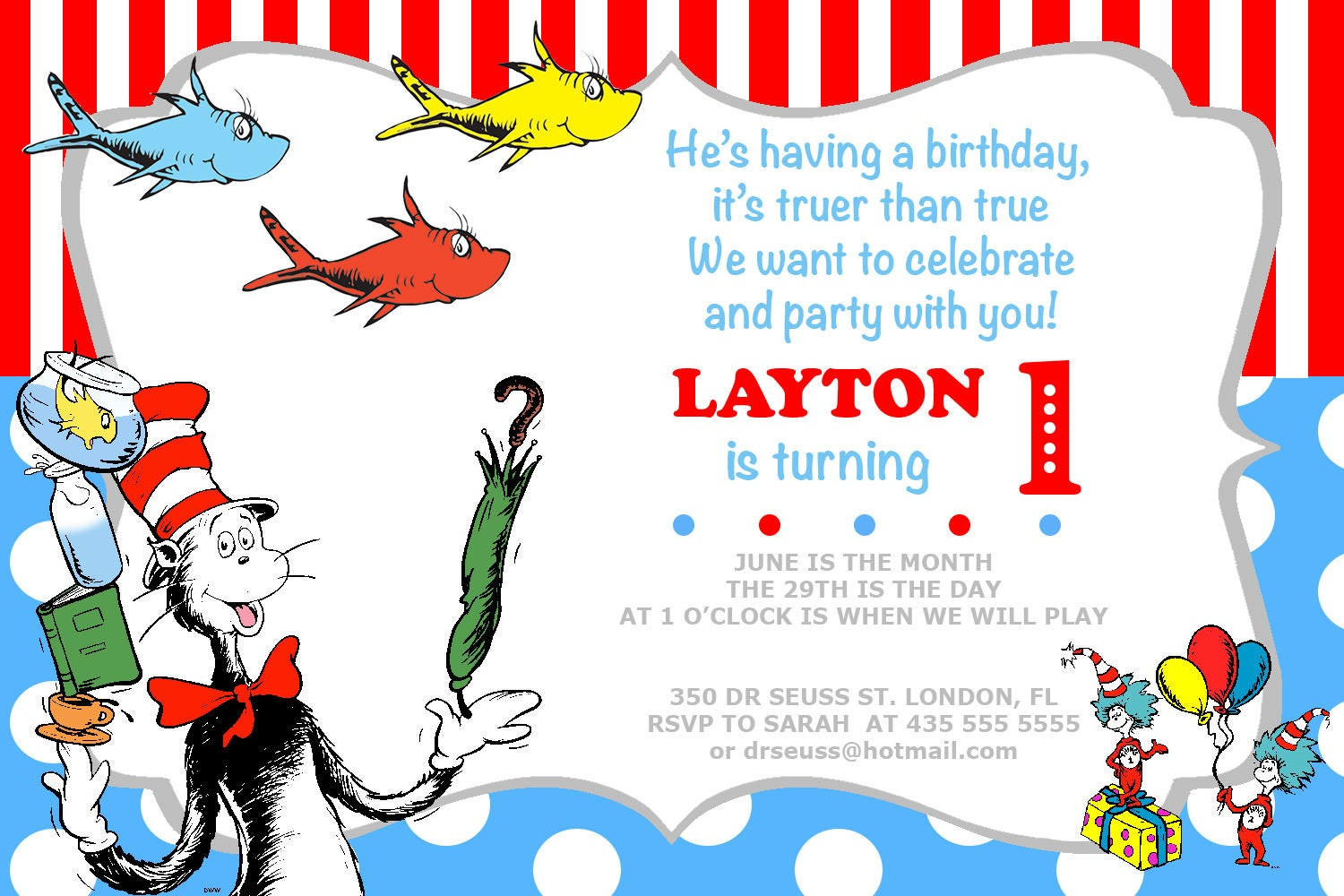 Dr Seuss Birthday Invitations
 Dr Seuss invitation birthday party invites printable photo