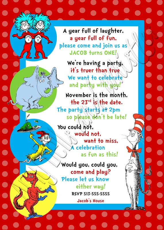Dr Seuss Birthday Invitations
 Custom Personalized Dr Seuss 1st 2nd or by