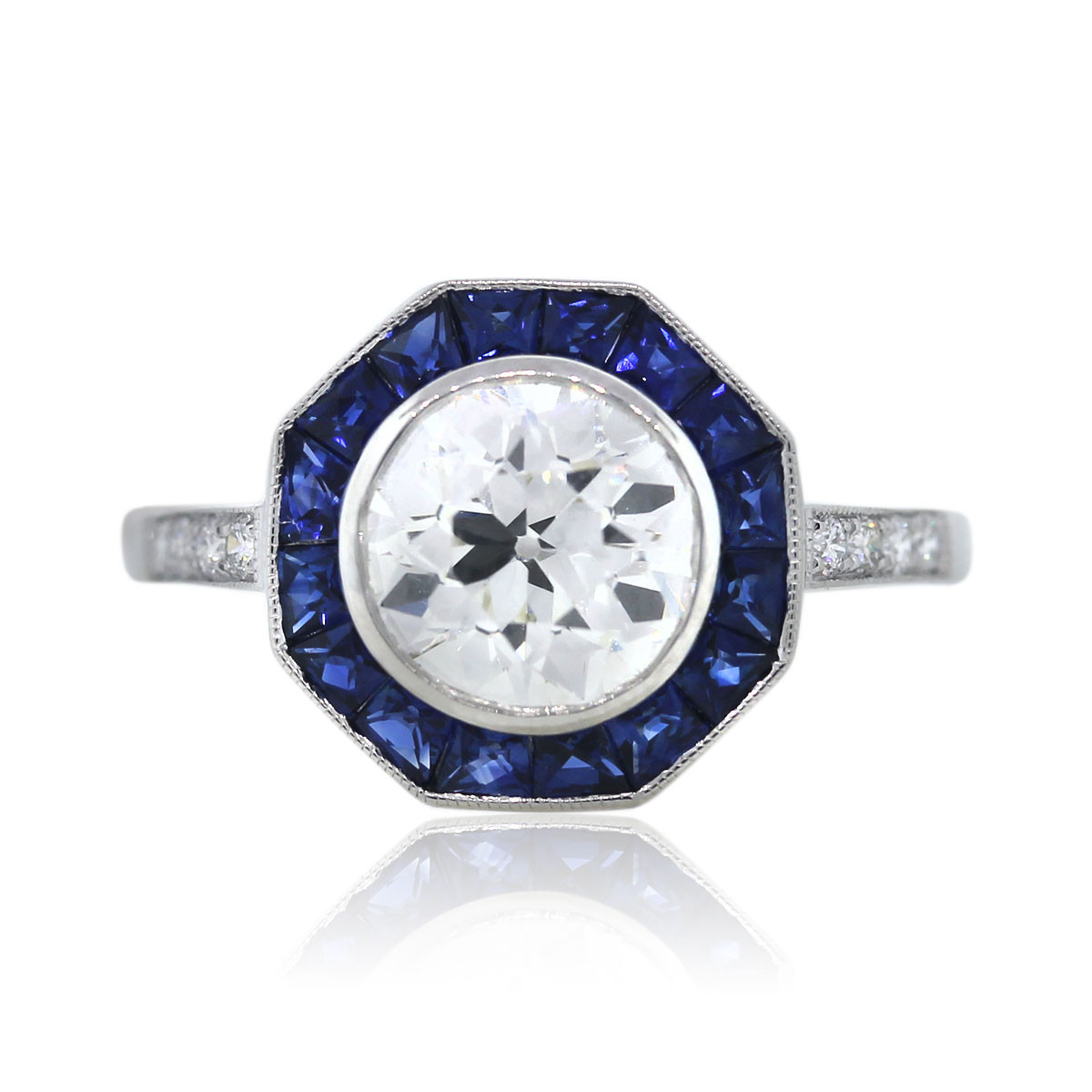 Engagement Rings Diamond And Sapphire
 Platinum Octagonal Art Deco Diamond and Sapphire