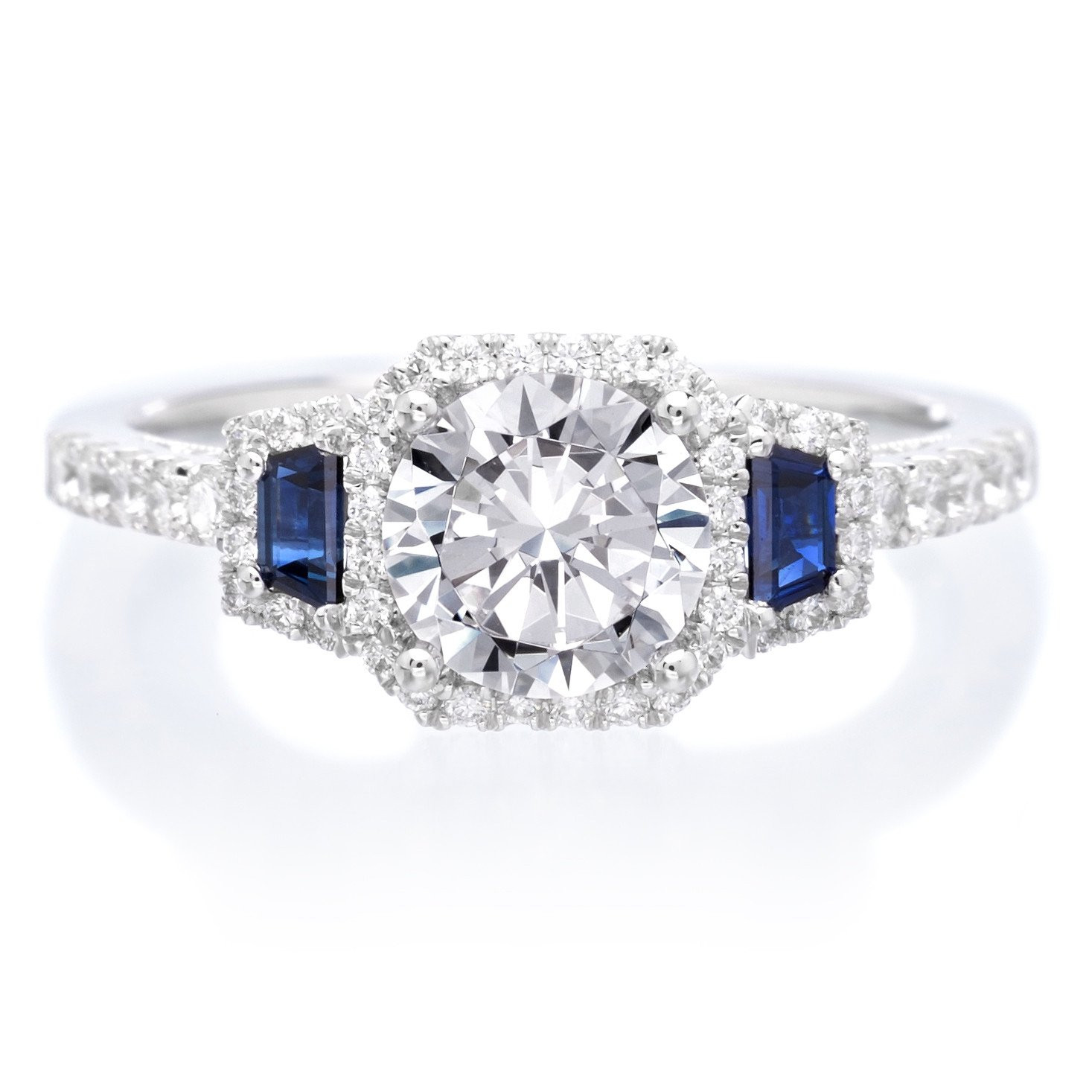 Engagement Rings Diamond And Sapphire
 18K White Gold Three Stone Diamond and Blue Sapphire