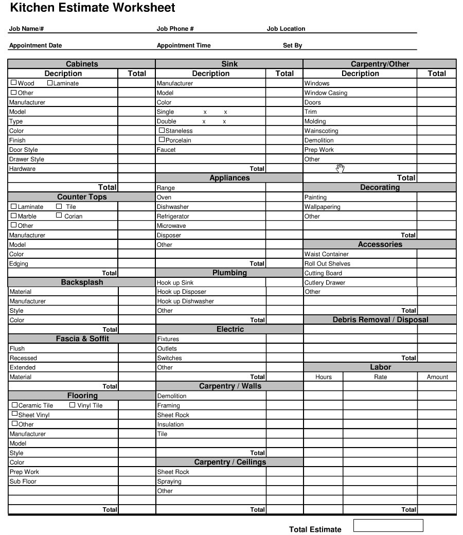 Estimated Cost Of Outdoor Kitchen
 Kitchen Cost Estimate Sheet