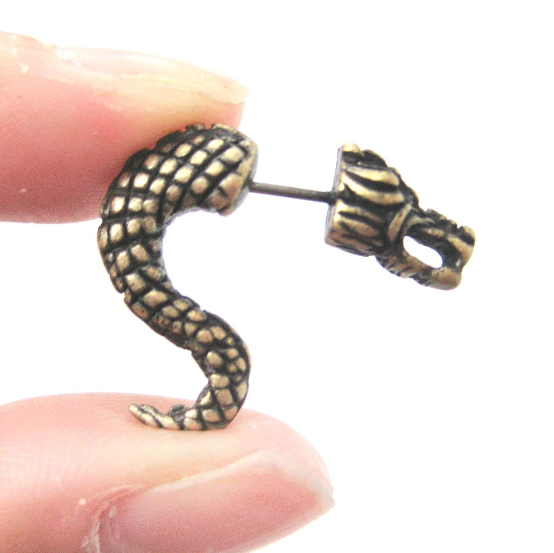 Fake Gauge Earrings
 3D Fake Gauge Dragon Animal Stud Earrings in Bronze