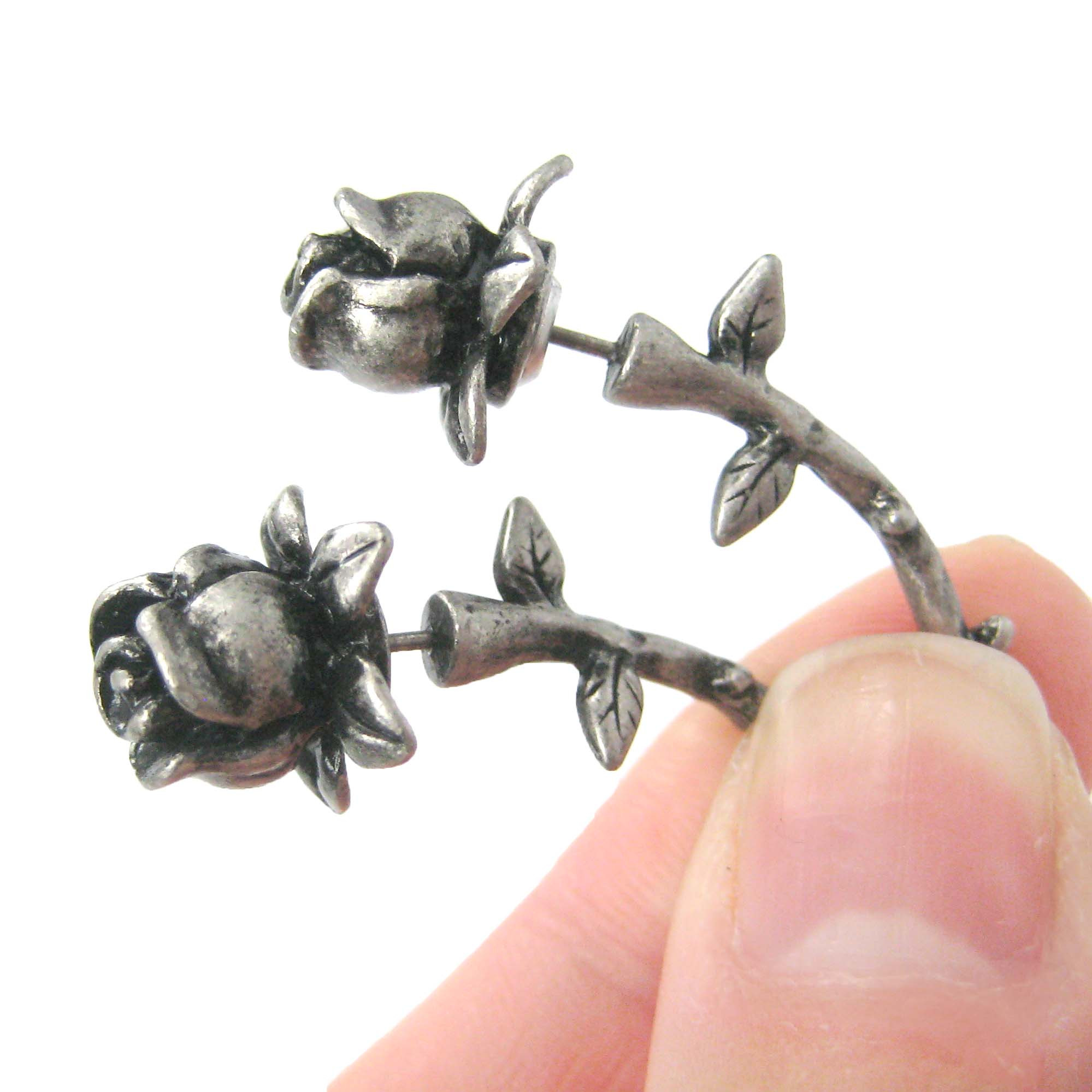 Fake Gauge Earrings
 Rose Flower Shaped Fake Gauge Plug Stud Earrings in Silver