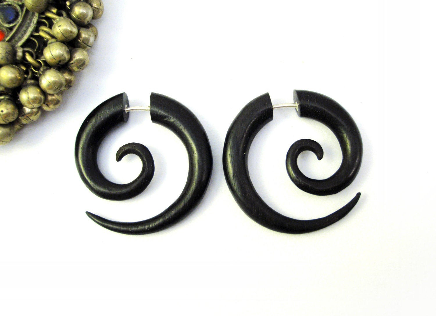 Fake Gauge Earrings
 Earrings Fake Gauge Black Wood Earrings Spiral Tribal Earrings
