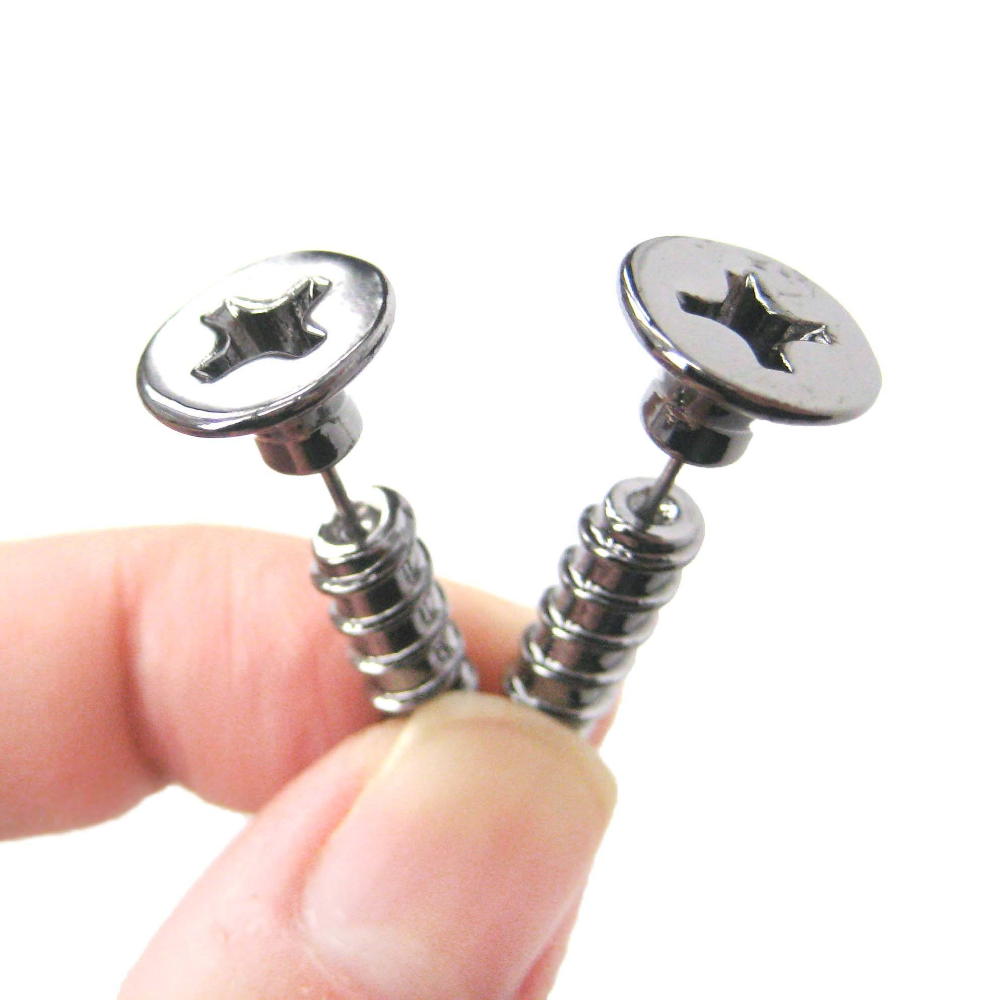 Fake Gauge Earrings
 Fake Gauge Screw Shaped Faux Plug Earrings in Gunmetal Silver