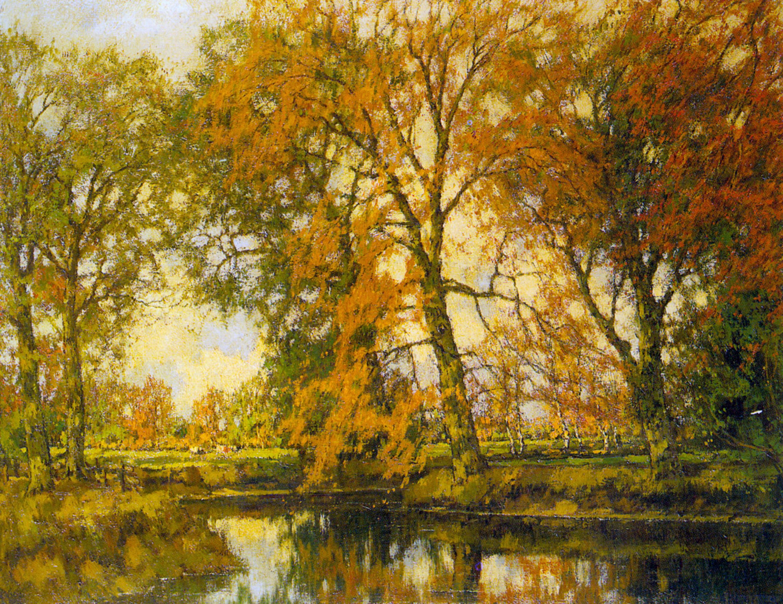 Fall Landscape Painting
 An Autumn Landscape with Cows Near a Stream by Arnold Marc