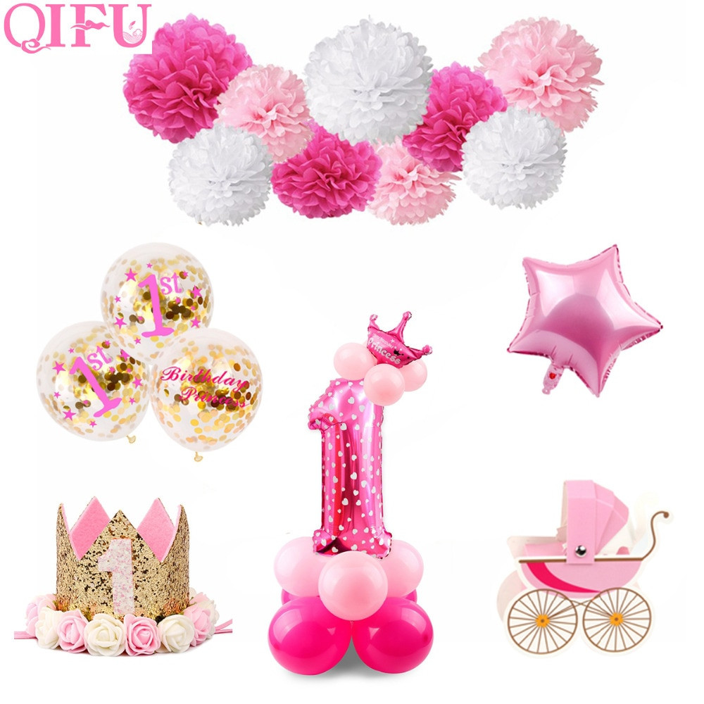 First Birthday Girl Decorations
 QIFU 1st Birthday Party Decorations Kids Girl Pink First