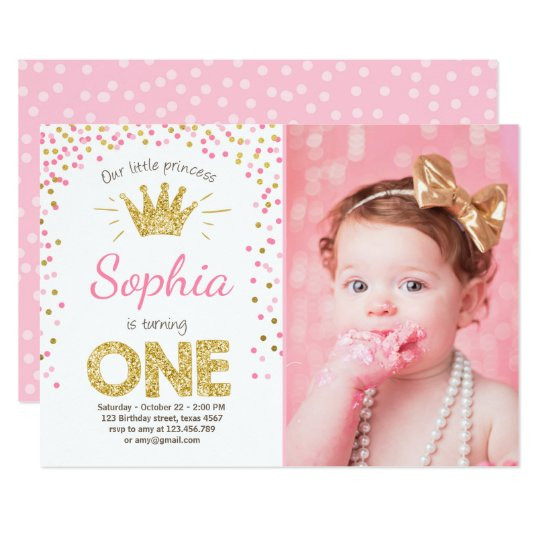 First Birthday Invitations Girl
 First birthday invitation Princess Gold Pink