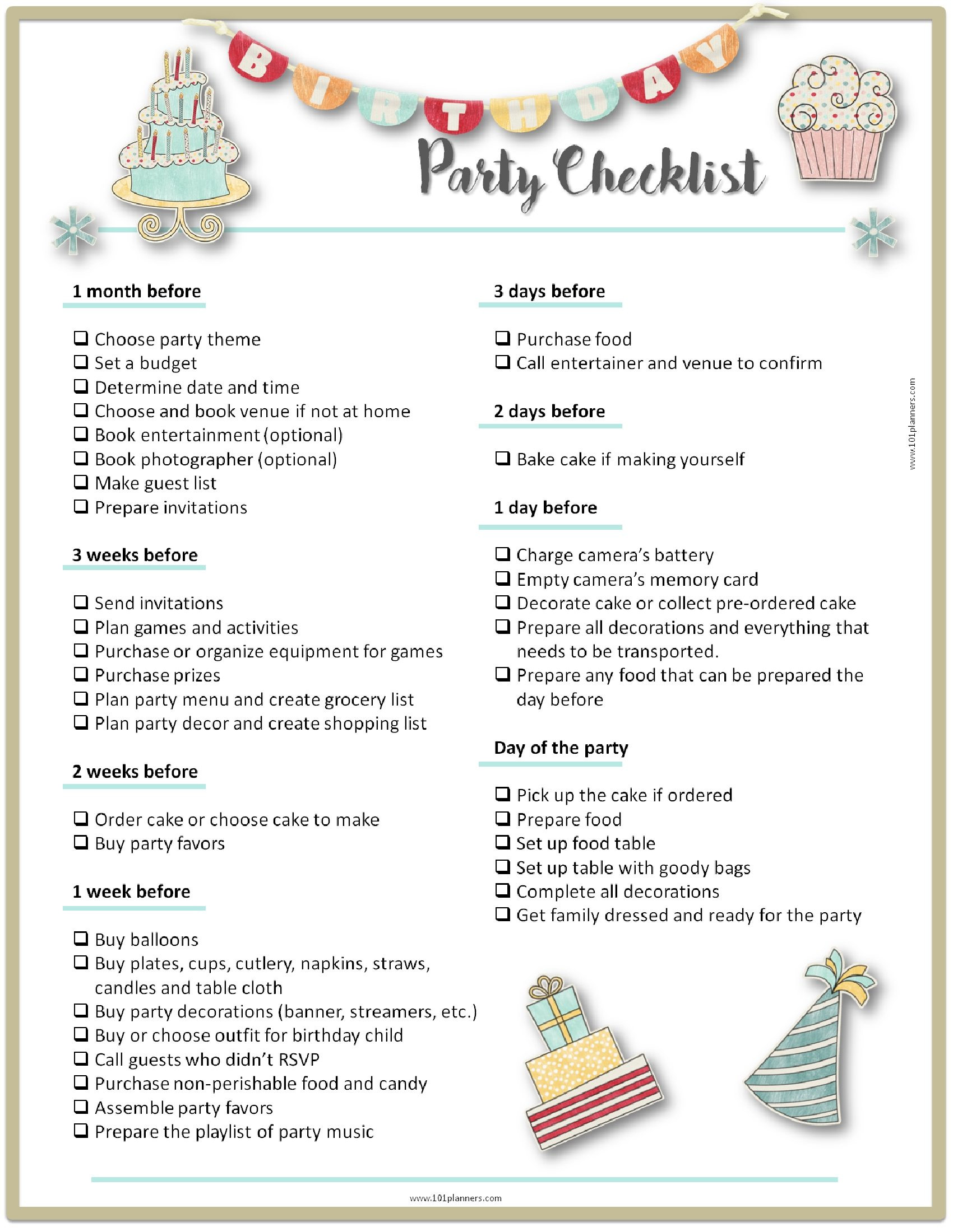 First Birthday Party Checklist
 26 Life easing Birthday Party Checklists