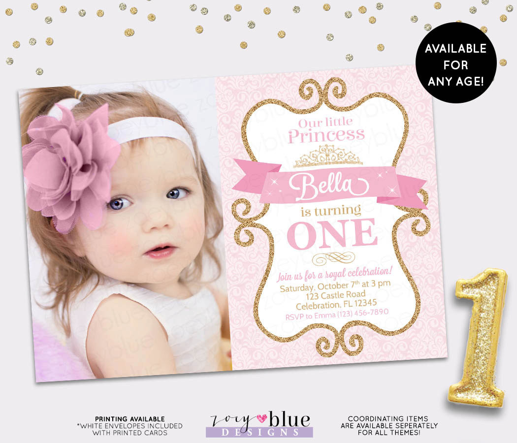 First Birthday Princess Invitations
 Princess Birthday Invitation Girl Gold Glitter Pink Gold