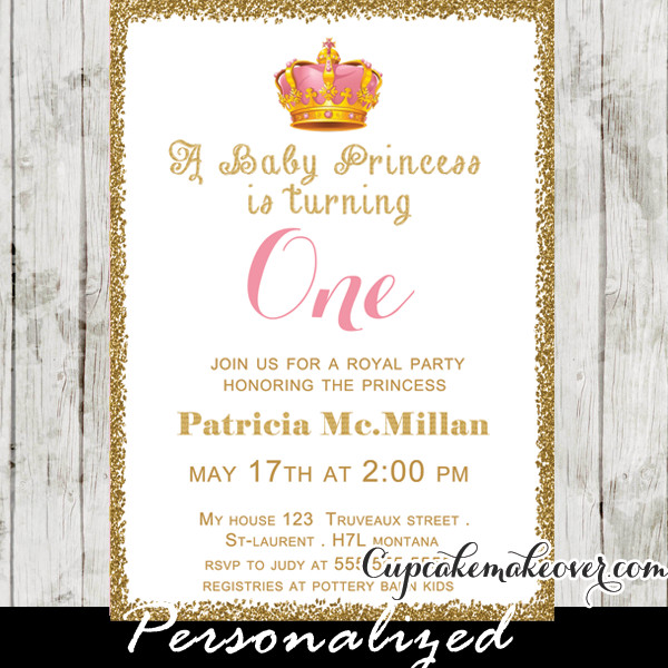 First Birthday Princess Invitations
 Gold Glitter Baby Princess First Birthday Invitation