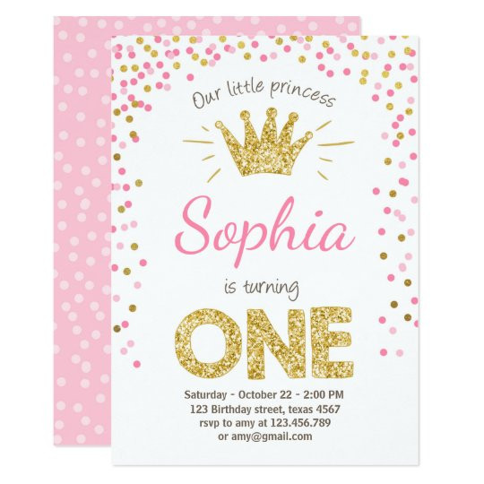 First Birthday Princess Invitations
 First birthday invitation Princess Gold Pink