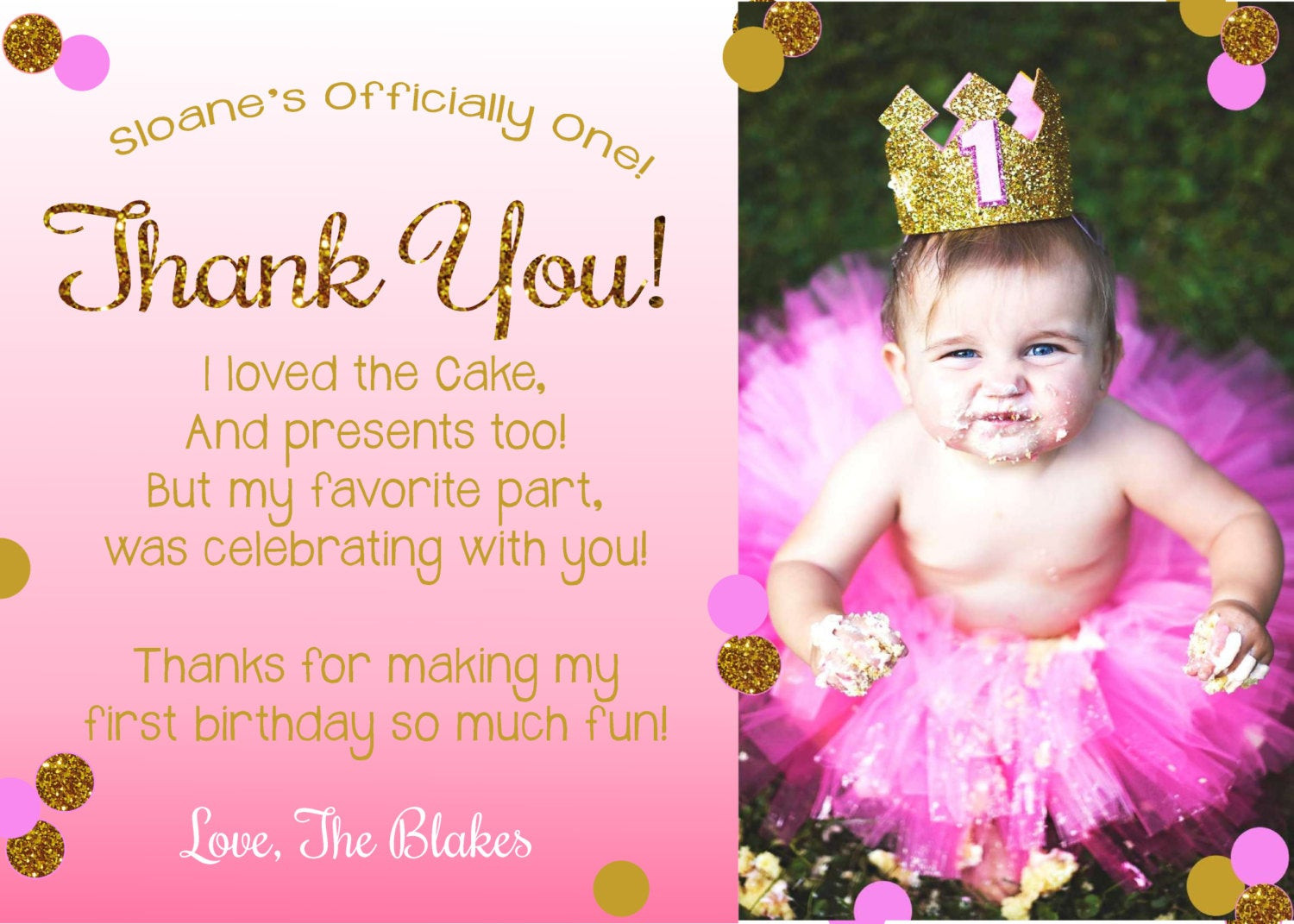 First Birthday Thank You Cards
 Pink and Gold Thank You Card First Birthday Thank You Card