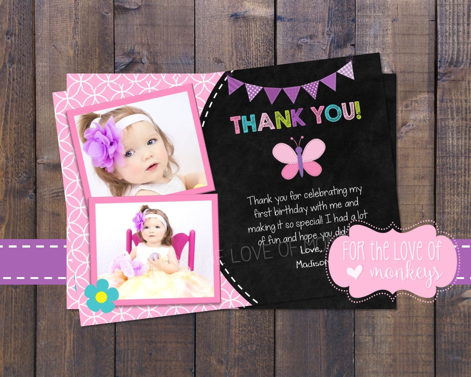 First Birthday Thank You Cards
 1st Birthday Thank You Card Butterfly Thank by