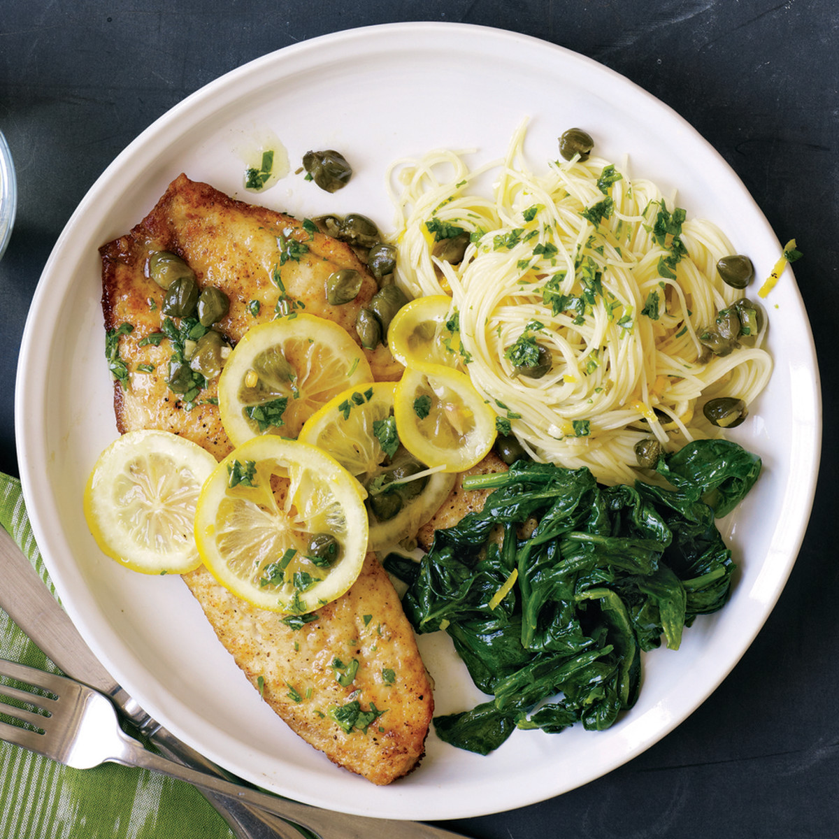 Fish And Pasta Recipes
 Piccata Style Fish Fillets with Thin Pasta and Wilted