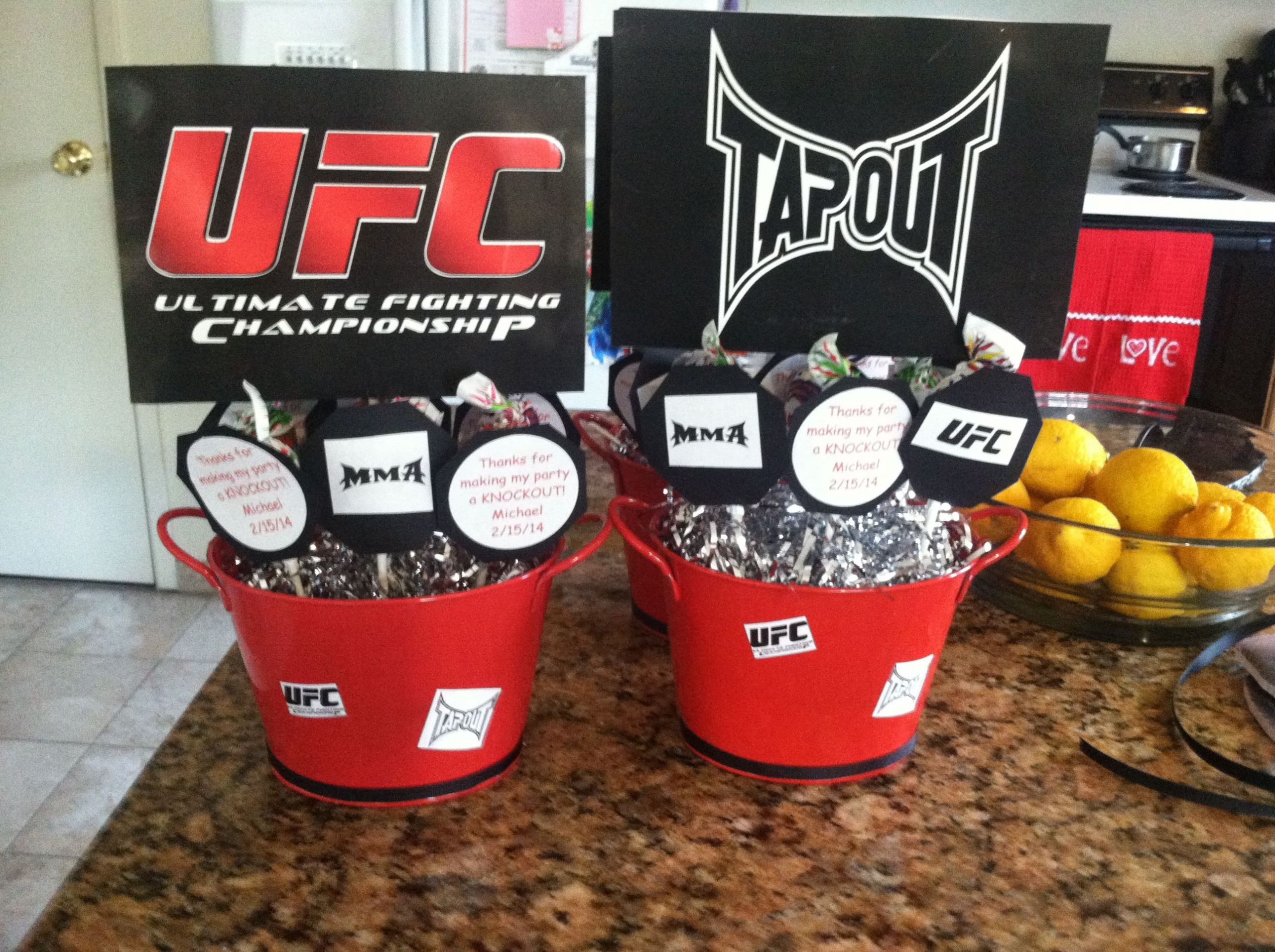 Food Ideas For Boxing Match Party
 UFC centerpieces made sucker favor holders with buckets