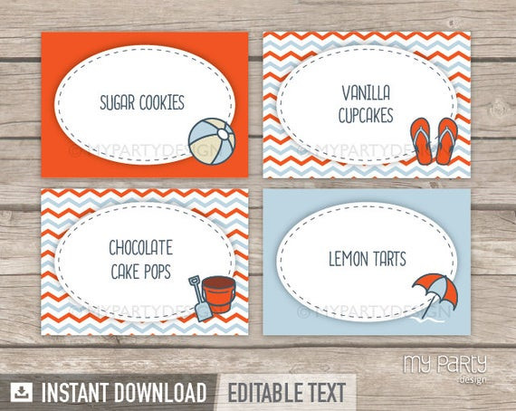 Food Label Ideas For Beach Party
 Beach Party Pool Party Food Labels Place Cards Orange