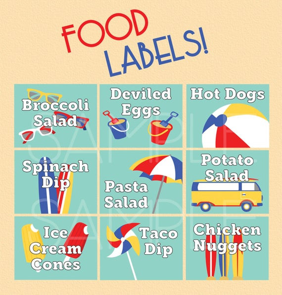 Food Label Ideas For Beach Party
 Beach Ball Birthday Party Pool Party Food Labels Summer