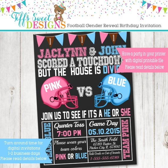 Football Gender Reveal Party Ideas
 Football Gender Reveal Party Invitation Pink and Blue