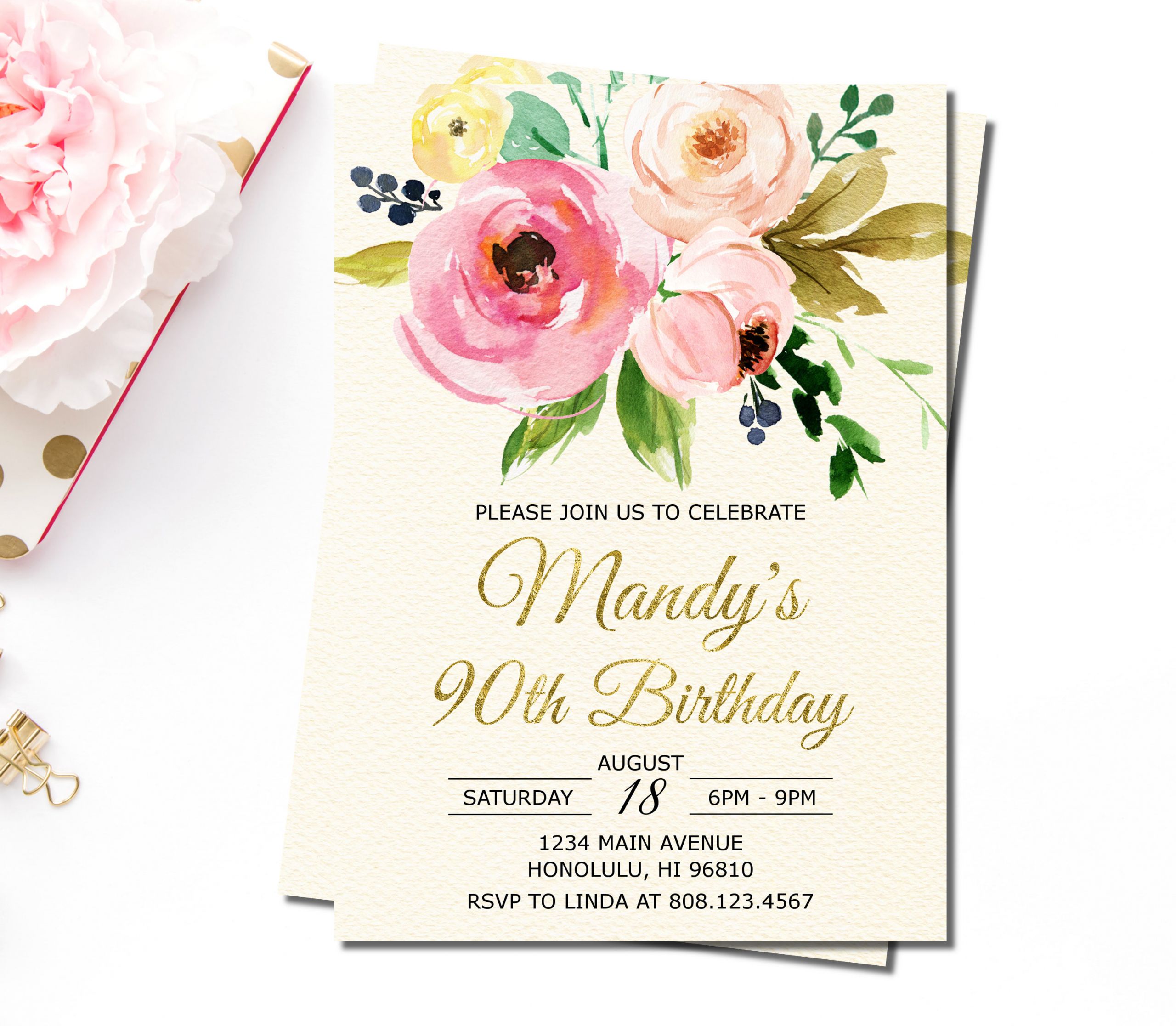 Free Printable 90th Birthday Invitations
 90th Birthday Invitations for Women Floral Birthday