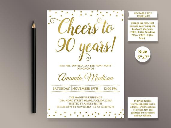 Free Printable 90th Birthday Invitations
 EDITABLE 90th Birthday party Invitation template Cheers to