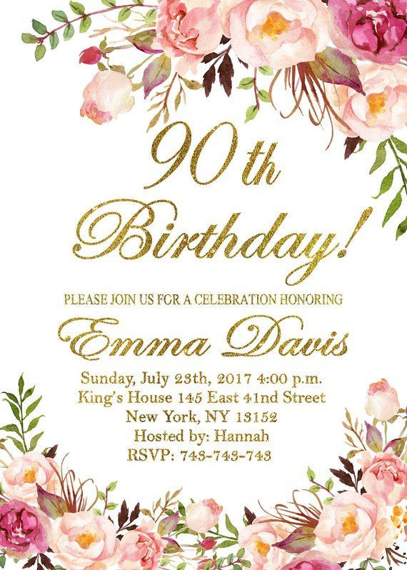 Free Printable 90th Birthday Invitations
 90th Birthday Invitation Women Birthday Invitation Floral