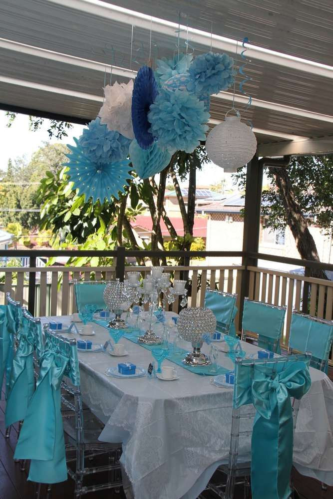 Frozen Tea Party Ideas
 Decorated table at a blue tea party birthday party See