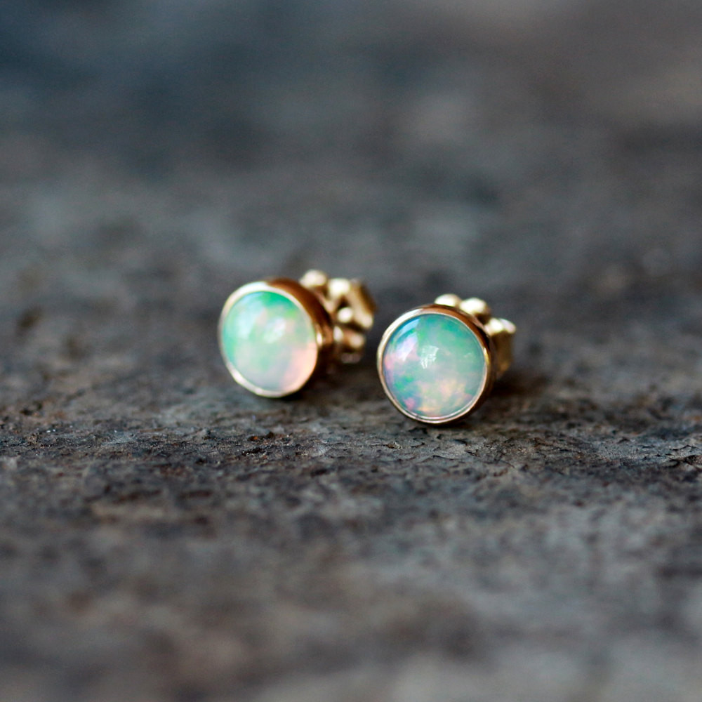 Genuine Opal Earrings
 Opal Studs 14k Gold Opal Earrings Genuine Opal Gemstone