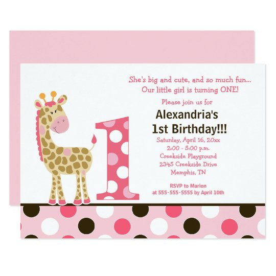 Giraffe Birthday Invitations
 Pink Jungle Giraffe 1st Birthday Invitation 5x7