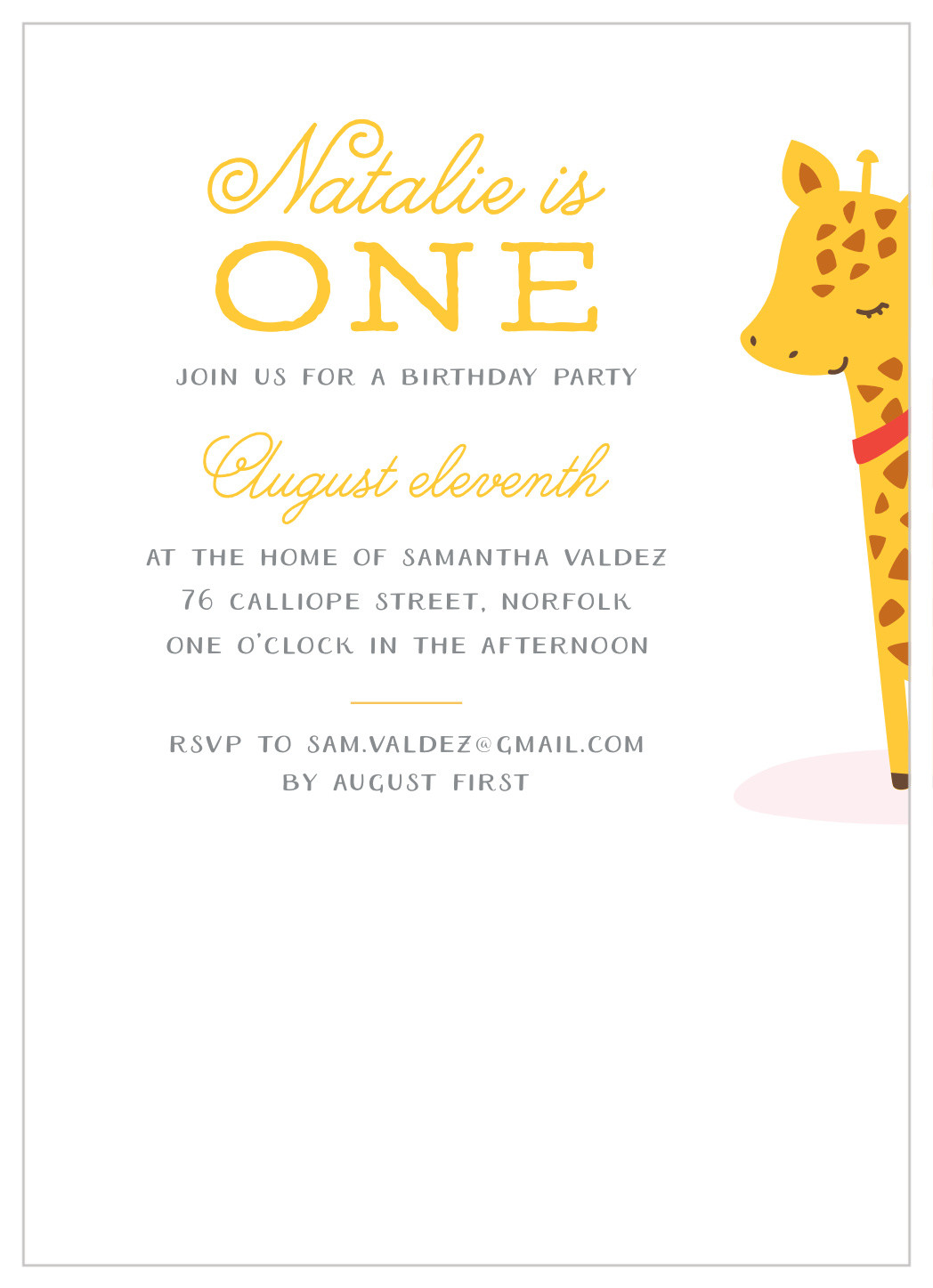 Giraffe Birthday Invitations
 Fun Giraffe First Birthday Invitations by Basic Invite