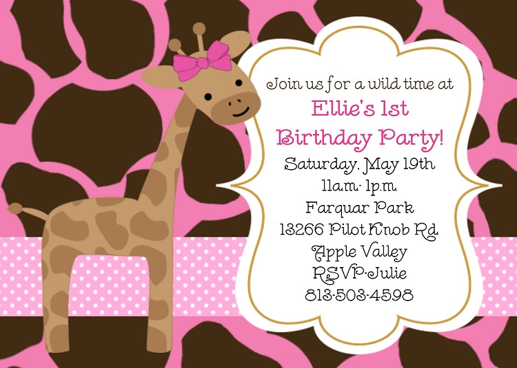 Giraffe Birthday Invitations
 Pink Giraffe Birthday Invitations