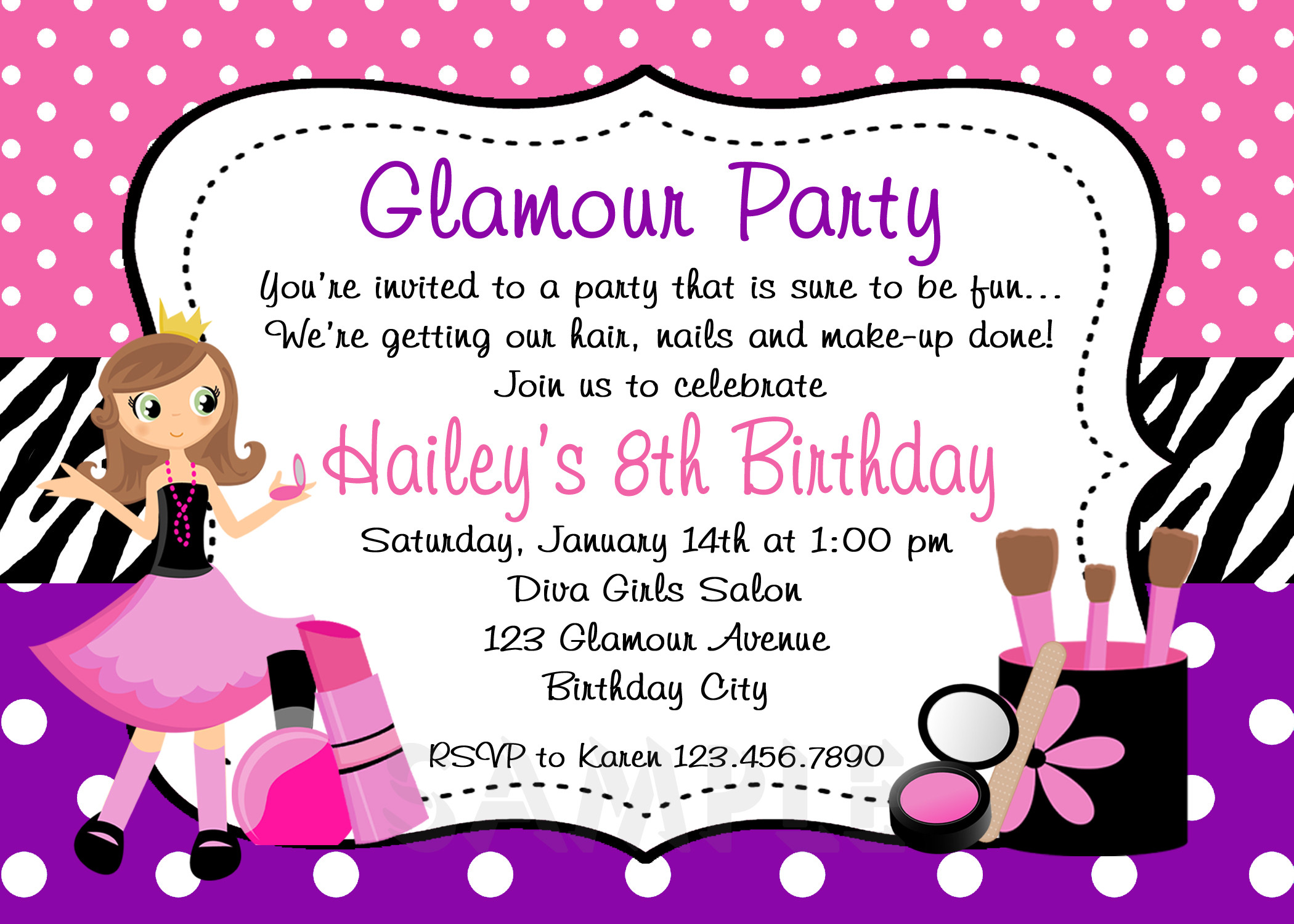 Girl Birthday Party Invitations
 Printable Birthday Invitations Girls Glamor Beauty Party