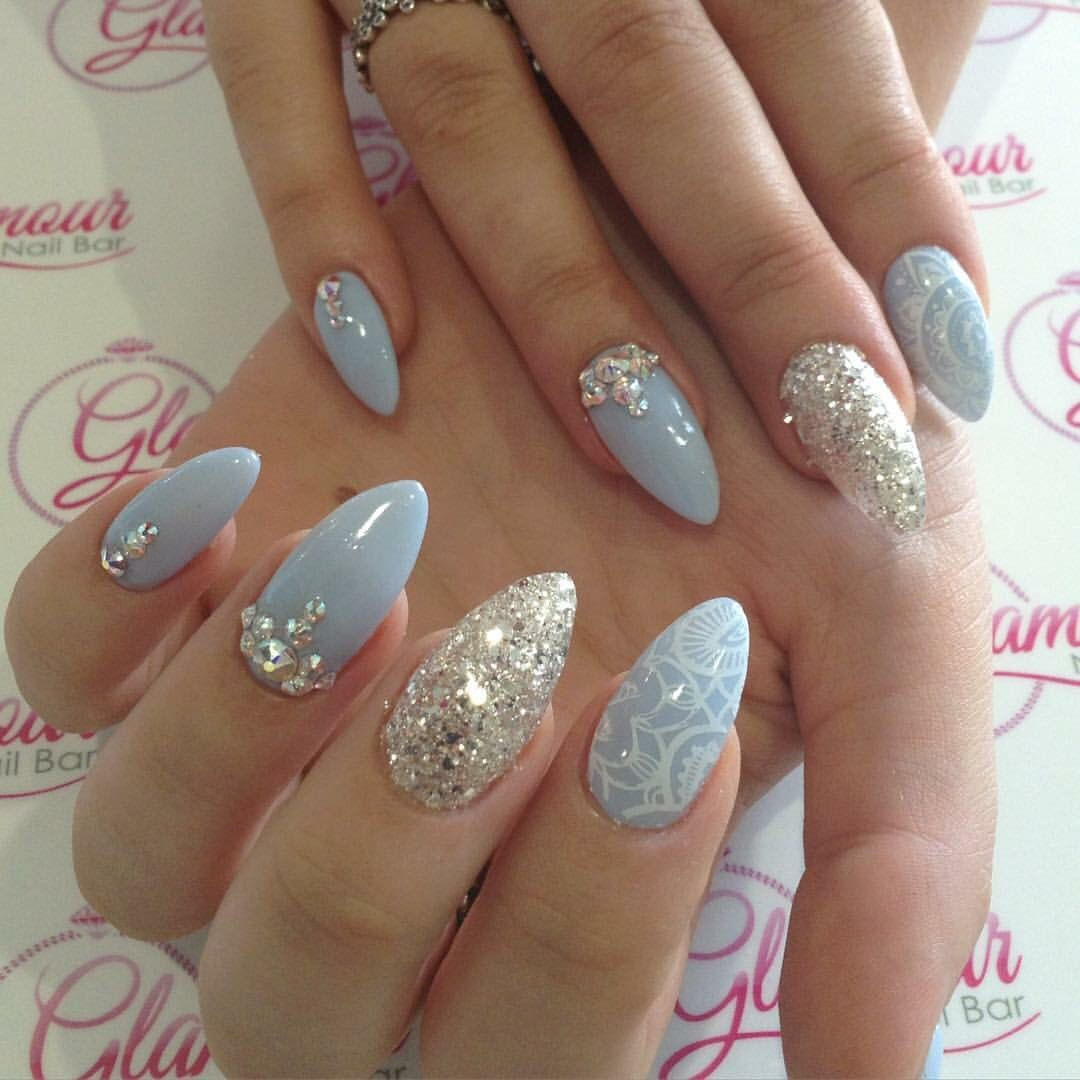 Glitter Almond Nails
 Almond nails with glitter Swarovski crystals and lace