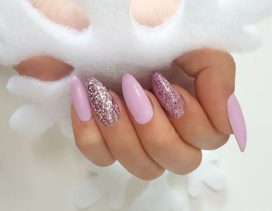 Glitter Almond Nails
 Long almond pink glitter matte nails